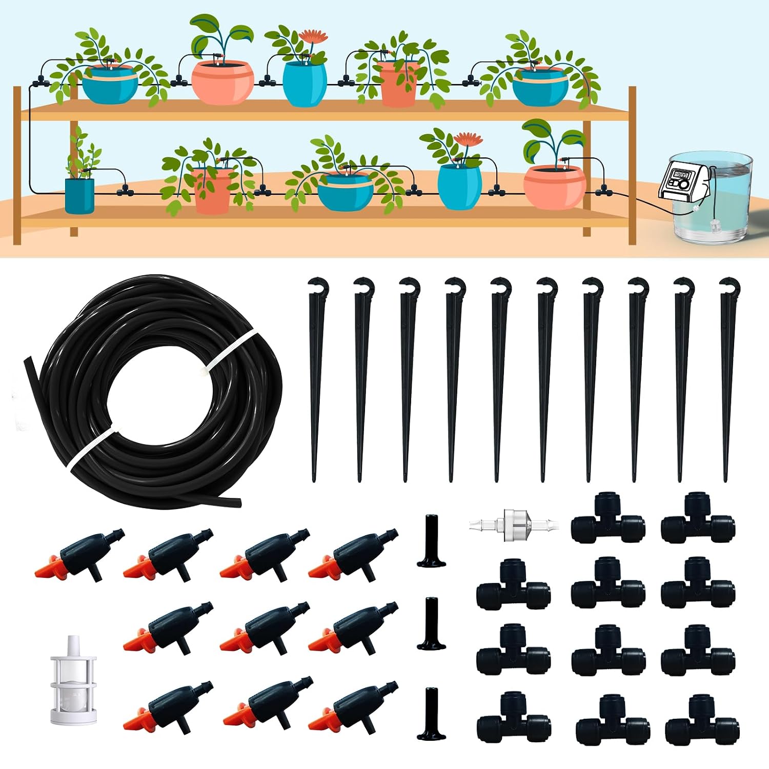 RAINPOINT Quick-Connect Adjustable Drip Irrigation Accessories Kit Pack for Extra 10 Plants, Pump Extended Driplines Tubings Components