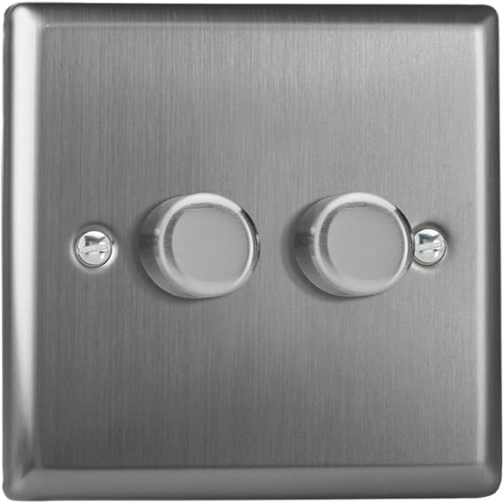 Varilight Double V-Pro Rotary 2-Way LED Dimmer 2 x 0-120W - Classic Brushed Steel With Brushed Steel Knob, JTP252
