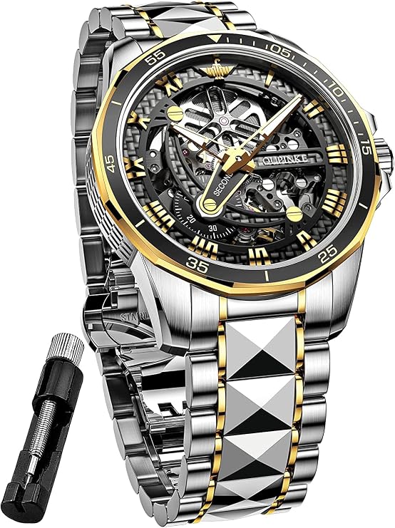 OUPINKE Watches Men Mechanical Self Winding Automatic Designer Waterproof Black Dress Metal Black Skeleton Stainless Steel Gent Wrist Watch