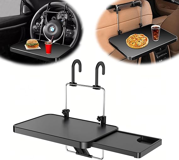 Multi-function Car Steering Wheel Table - Car Table for Laptop, Car Tray Table for Kids, Car Travel Accessories for Long Trips, Vehicle Seat Backseat Headrest Table Desk for Food Drink Cup Holder