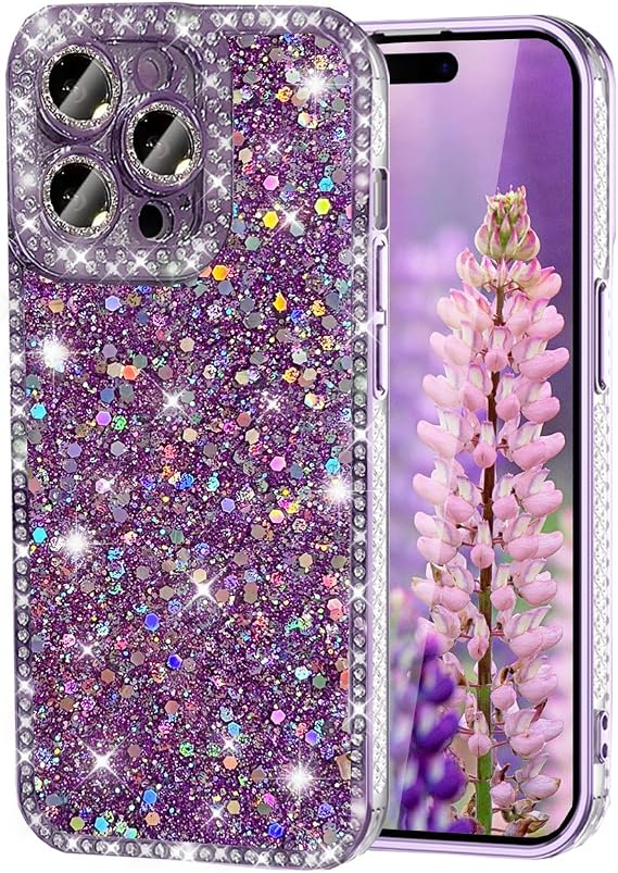 iPhone 16 Pro Max用、かわいいキラキラ輝く輝くダイヤモンドカバー、光沢のあるカメラレンズプロテクター付き、女性用ガーリーソフト耐衝撃保護ケース iPhone 16 Pro Max用 6.9インチパープル