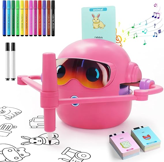 Drawing Robot for Kids, Voice Interactive Educational Drawing Machine with 100 Word Cards & 12 Colour Pens, Montessori Learning Toy for Ages 3-8, for Boys & Girls (Pink)
