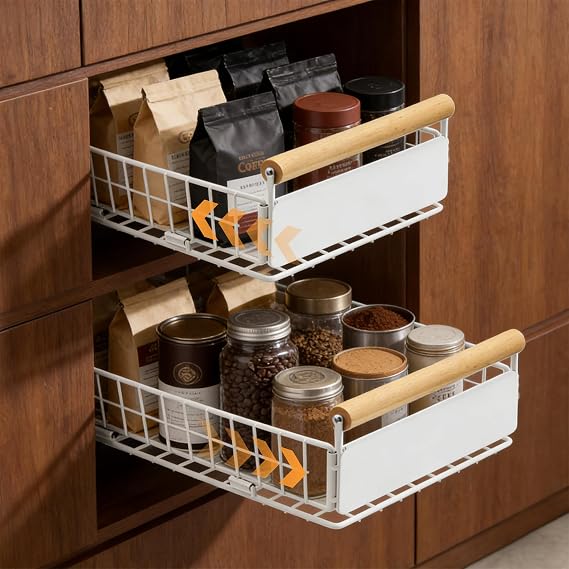 2 Pcs Pull Out Cabinet Organiser, Pull Out Kitchen Storage Foldable Drawer Organiser, Pull Out Shelf Drawer Organiser with Handle, No Drill Slide Out Drawer for Kitchen Cupboard,Bathroom,White