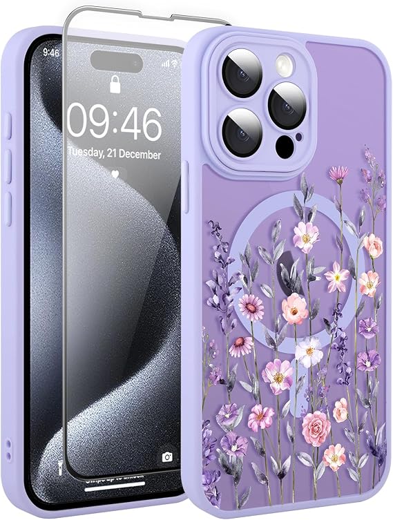 マグネット式 iPhone 15 Pro Max用 スクリーンプロテクター付きケース パープル