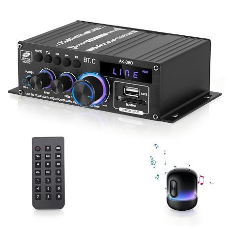 Stereo Audio Amplifier, AK380 40W+40W Audio Amplifier, Bluetooth 5.0 Amplifier HiFi for Speakers FM Radio, LCD Display & Remote Control, AUX RCA USB SD Input, for Home Speaker, Car Speaker