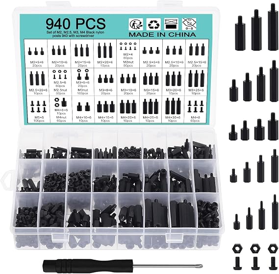 940PCS Nylon Hex Standoff Spacer Screw Nut Threaded Pillar Standoff Screws Assorted Assortment Set M2 M2.5 M3 M4 for DIY PCB Board Motherboard Mounting (Black)