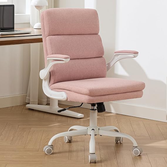 LukkDys Ergonomic Office Chair with 3-Stage Back Support, Executive Fabric Desk Chair with Flip-up Armrests, Adjustable Height & Swivel Computer Chair for Home Office, Pink