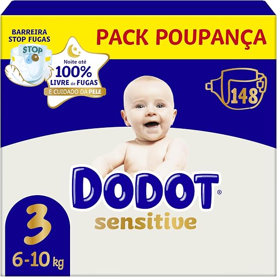Dodot Sensitive Size 3 (6-10 kg) Mega Pack 148 Nappies | Gentle Protection for Baby's Skin | Maximum Absorption and Daily Care