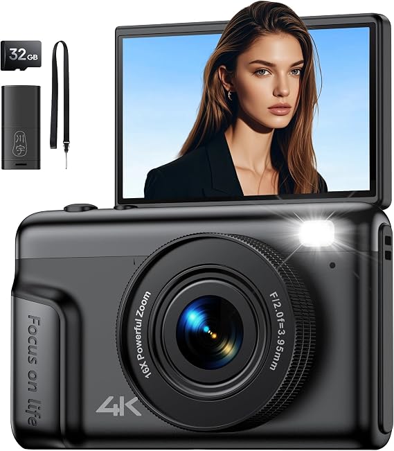 Digital Camera 4K Vlogging Camera: 64MP Compact Photo Camera for Video 180° Flip Screen 3" Portable Digital Cameras with 16X Digital Zoom 32GB SD Card Gifts for Kids Beginners Adults Black