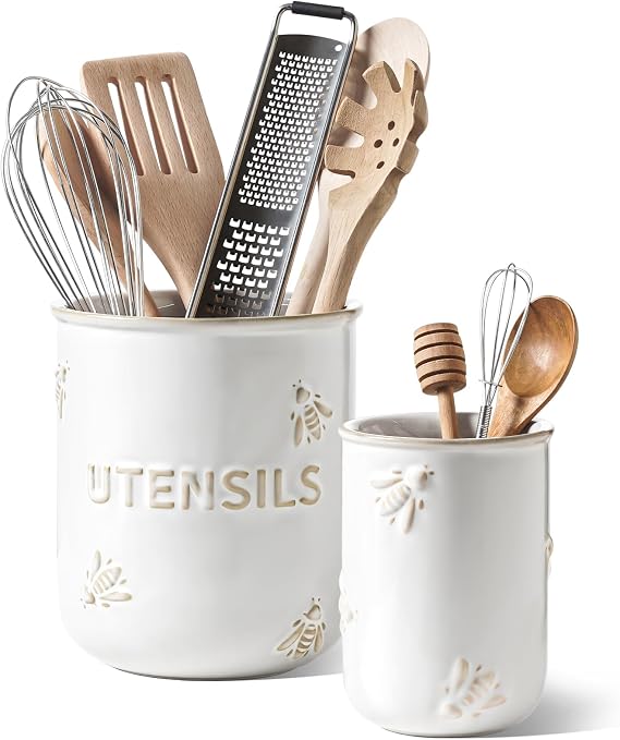 LE TAUCI Kitchen Utensil Holder Large Ceramic Organizer Set of 2, White Bee