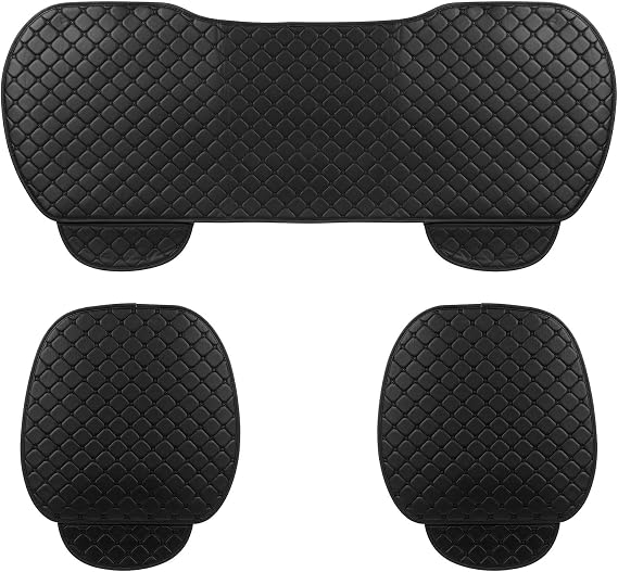 Taylor & Brown 3pc Universal Front and Rear PU Leather Car Seat Bottom Cushion Cover Set with Pockets Car Seat Pad Seat Protector Non Slip Universal Fit 90% Vehicles (Black)