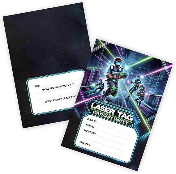 Huxters 14 pcs Laser Tag Birthday Kids' Party Invitations for Boys Game Theme Party-Invites Childrens Parties Supplies Double-Sided (Laser Tag)