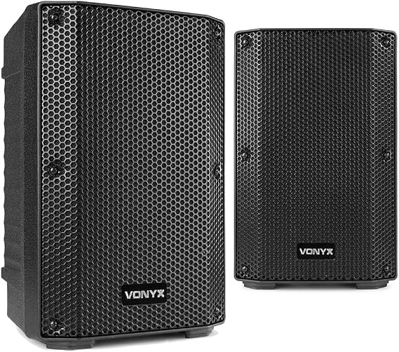 VONYX VSA08BT Active DJ Speakers Pair - 500W Bi-Amplified 8" Powered DJ Monitor System with Bluetooth, USB MP3, Remote Control & Angled Stage Wedge Design