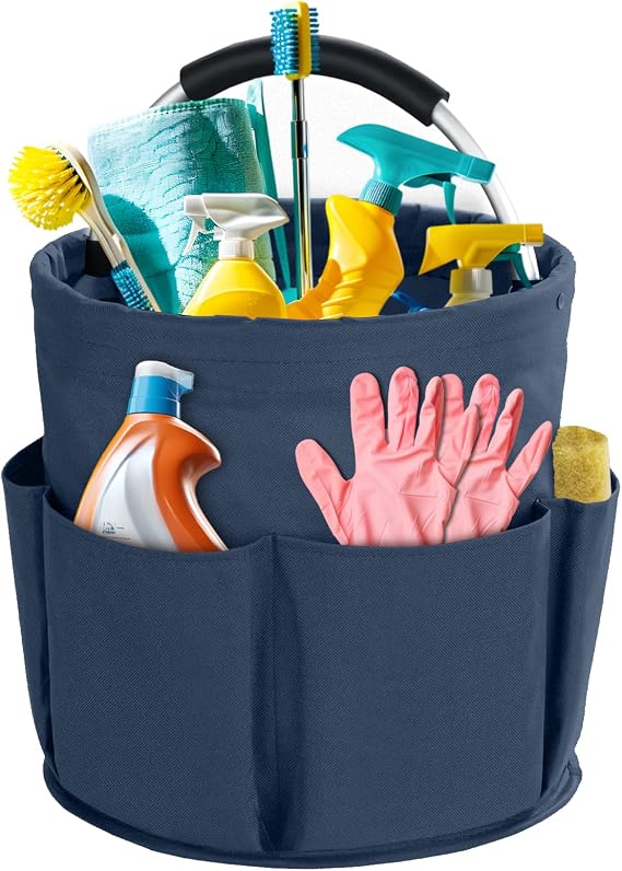 Foldable Storage Basket, Cleaning Caddy Organiser with Handle, 17L Portable Multi Cleaning Bucket Bag for Home, Garden (Dark Blue)