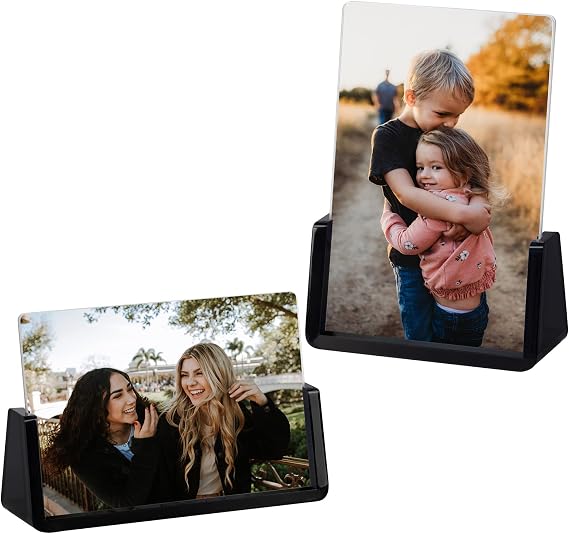 Boxalls 2 Pack Acrylic Picture Frames 4x6 with Translucent Black Base Stand, Frameless Photo Frame for Tabletop or Desktop Display ( Horizontal + Vertical)