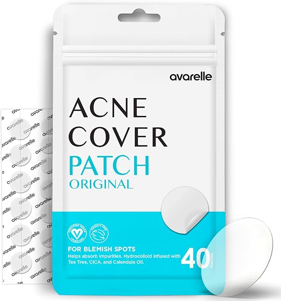 Avarelle Acne Pimple Patches (40 Count) Absorbing Hydrocolloid Spot Treatment with Tea Tree Oil, Calendula Oil and Cica, Certified Vegan, Cruelty Free