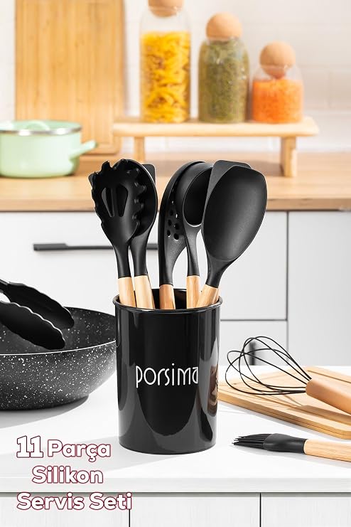 Porsima 3165 Bambu Ahşap Saplı Silikon 11 Parça Servis Takımı Seti Siyah