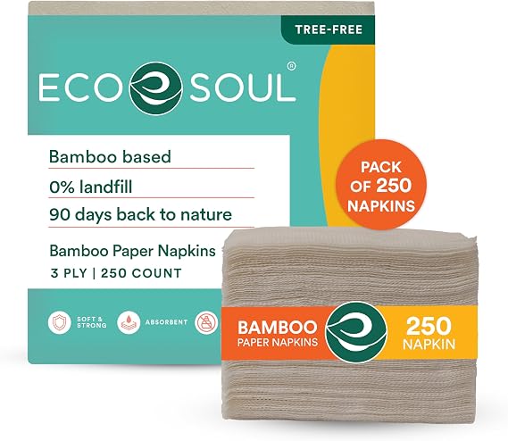 ECO SOUL Compostable Bamboo Paper Napkins, (250 Count, 1 Pack)