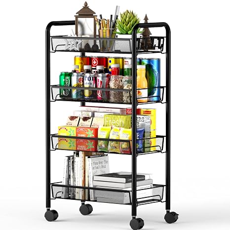 Rolling Cart Storage Trolley - 4 Tier Kitchen Storage Organizer Utility Cart Full Metal Basket Storage Art Trolley Carts with Wheels & 4 Side Hooks (Black)