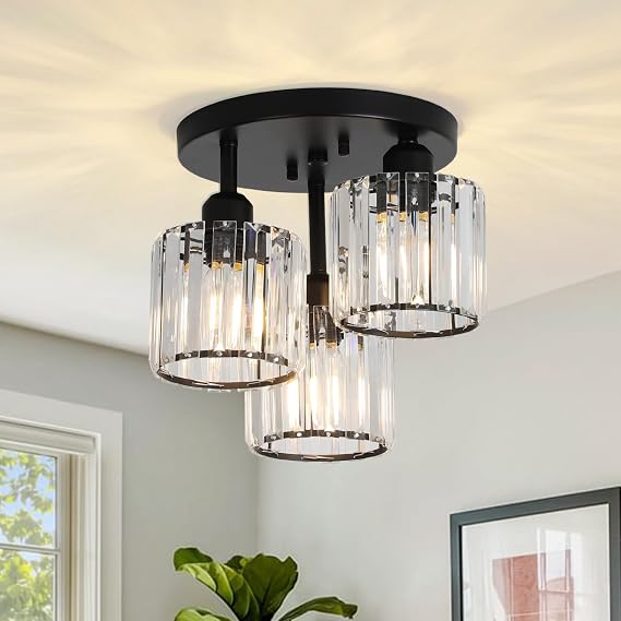 Rayofly Modern Crystal Chandeliers, 3-Light Crystal Lights for Living Room, Black Semi Flush Ceiling Light Fittings for Hallway, Bathroom, Bedroom, Foyer, Kitchen [Energy Class A]