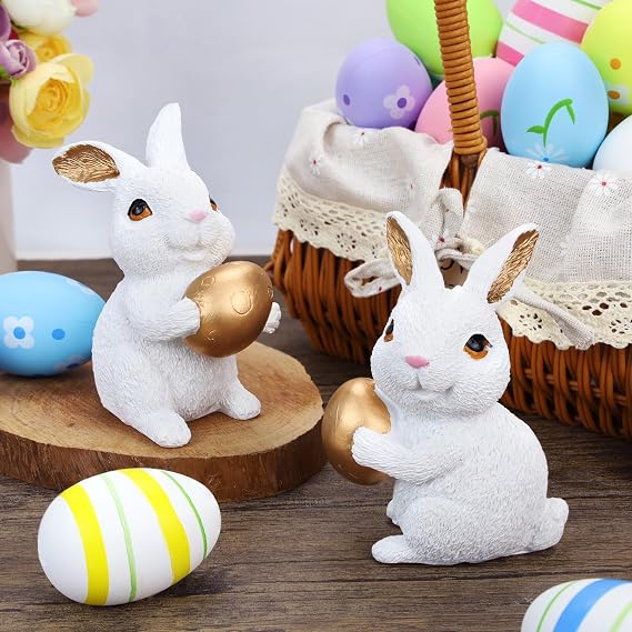 2 Pcs Easter Bunny Figurine Easter Bunny Ornaments Ceramic Rabbit Figurine White Rabbit Bunny Gifts Rabbit Gifts Easter Ornament Easer Gift Easter Bunny Decorations
