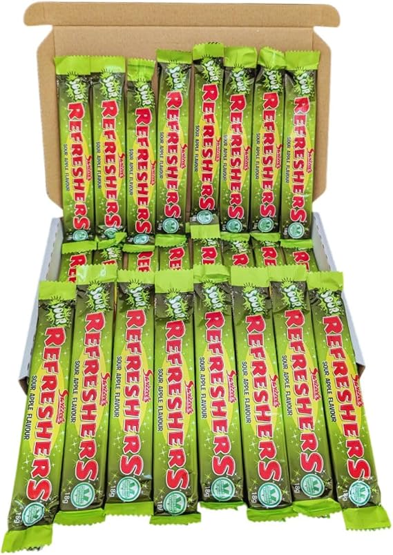 Refreshers Sour Apple Chew Bars 24 Pack Box of Classic Retro Sweets Fizzy Sherbet-Filled Sour Apple Flavour Chewy Bars Nostalgic Candy Treat, Vegetarian-Friendly, For Gifting, Sharing & Parties