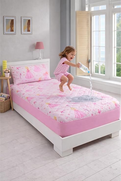 Formeya Prenses Desen Tek Kişilik Kapitone Fitted Su Sıvı Geçirmez Yatak Alezi Seti (1 Adet Yastık Kılıflı) (100x200)