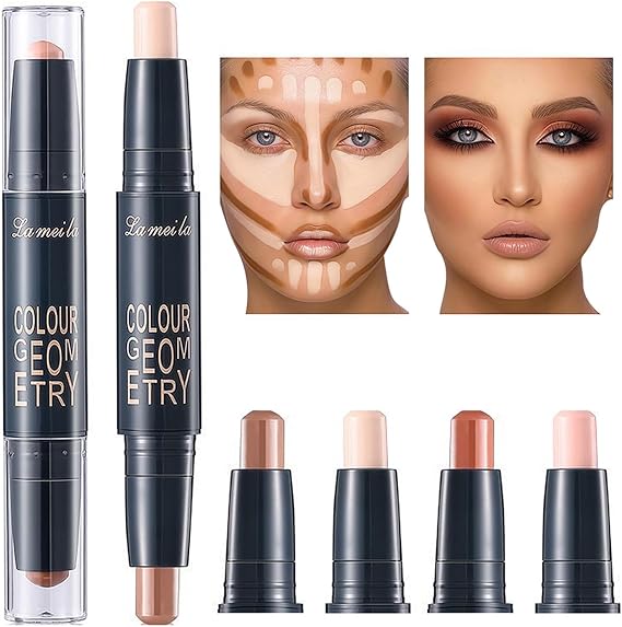 Double-Sided Contour Stick with 4 Skin Tones, Brightening and Bronzing, Long Lasting Coverage Makeup, Perfect Contour and Anti-Blemish