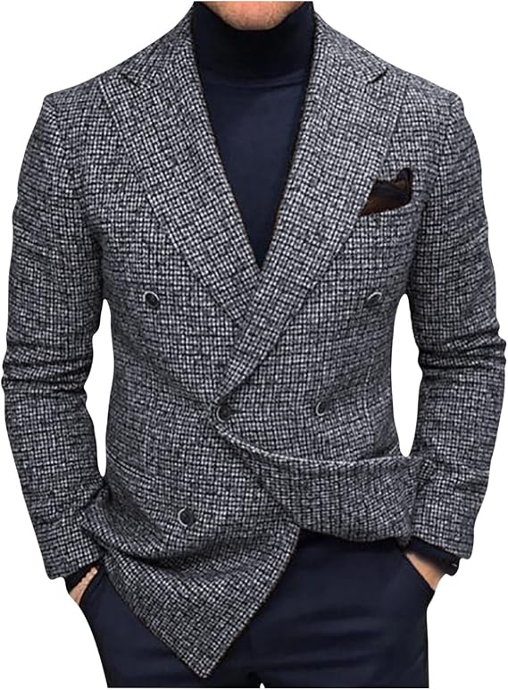 Suit Jackets for Men Regular Fit Tweed Jacket Casual Double Breasted Blazer Vintage Formal Suit Jackets Regular Fit Long Sleeves Smart Suit Blazer for Wedding Business