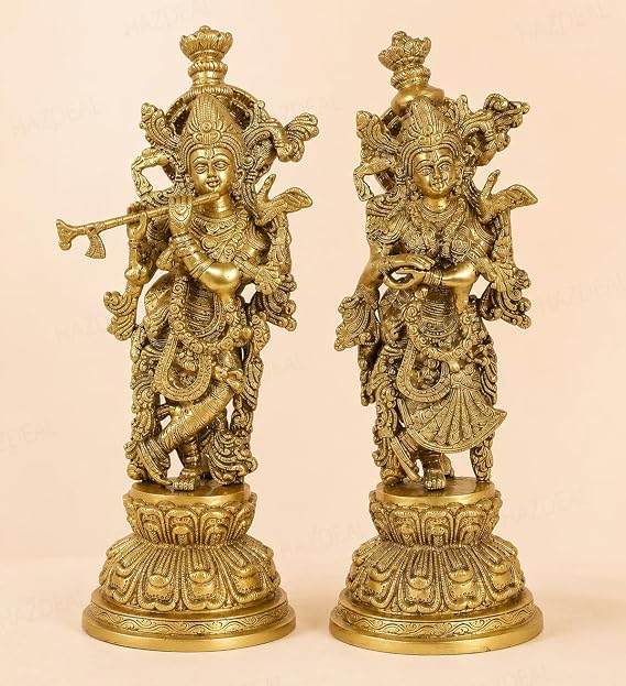 Brass Lord Radha Krishna Idol Playing Flute with Peacock – Handmade Brass Statue for Home Decor, Temple, Pooja Room, Spiritual Gift, Hindu God Sculpture (Height: 15 Inch)