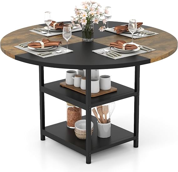 COSTWAY Dining Table for 4-6 People, Round Wooden Kitchen Tables with Storage Shelves, Metal Base & Adjustable Foot Pads, Circle Dinner Table for Home Dining Room (with Splice Board, 2 Shelves, 120cm)