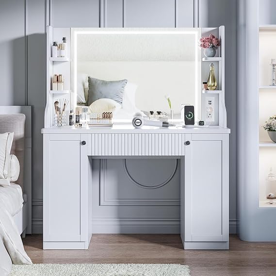 TOTEBOX Large Dressing Table with LED Mirror and Drawer, 110CM Vanity Desk Makeup Table with 2 Doors, 1 Drawer and Storage Shelves, Adjustable Brightness, 3 Colour Modes for Bedroom (White)