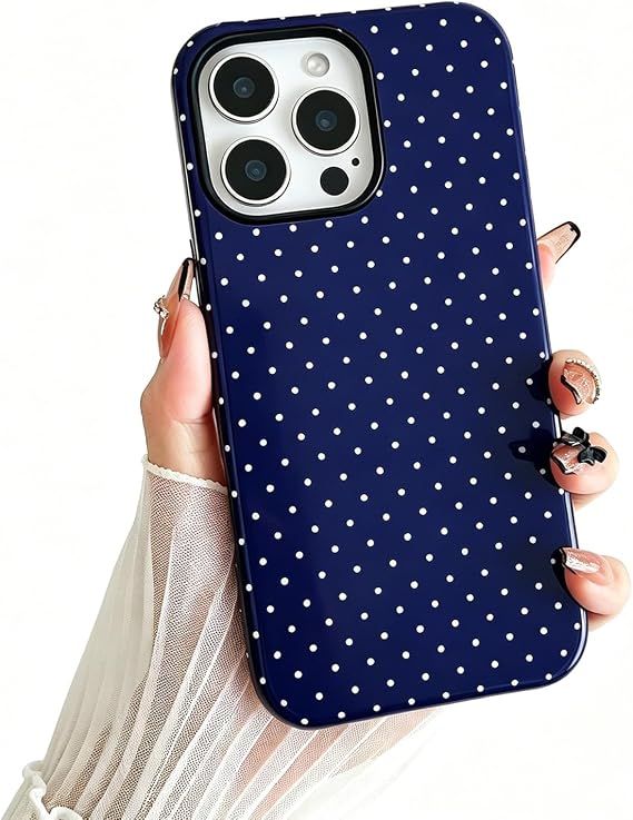 iPhone 15 Pro Max用ケース、ファッションかわいい水玉模様の美的デザイン、女性用、ソフトTPUとハードバック耐衝撃携帯電話ケース iPhone 15 Pro Max 17cm用、ディープブルー