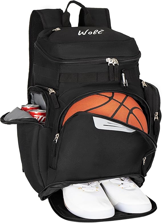 WOLT Basketball Backpack with Separate Ball Compartment and Shoe Bag, Large Sports Equipment Bag for Basketball, Football, Rugby, Volleyball, Baseball