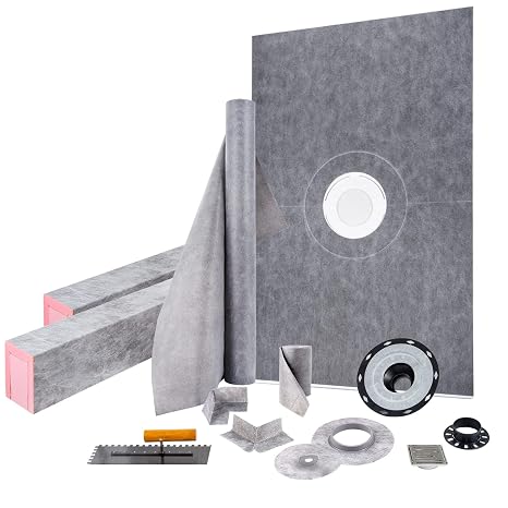 VEVOR Shower Curb Kit, 48"x72" Watertight Shower Curb Overlay with 4" PVC Central Bonding Flange, 4" Stainless Steel Grate, 2 Cuttable Shower Curb and Trowel, Shower Pan Slope Sticks Fit for Bath