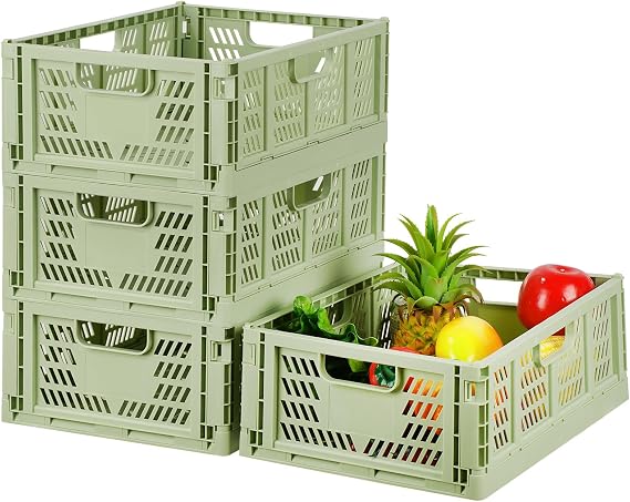 4 Pack Plastic Storage Crates Foldable Shelf Storage Basket Bins for Food Fruit Vegetables Snacks Toys Toiletries, Home Kitchen Office Storage Box Pantry Organization Cabinet Organizer