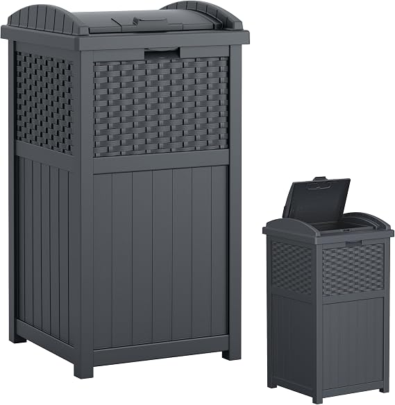 Suncast 33 Gallon Resin Outdoor Hideaway Patio Trash Can, Cyberspace Grey