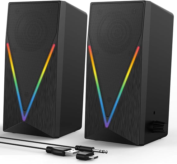 Computer Speakers, Desktop Speakers with 6 Colorful RGB Lights, Headphone Jack, Enhanced Bass and Volume Control, PC Speakers USB Powered & 3.5mm Aux Gaming Speakers for Laptop Monitor PC Tablet Phone