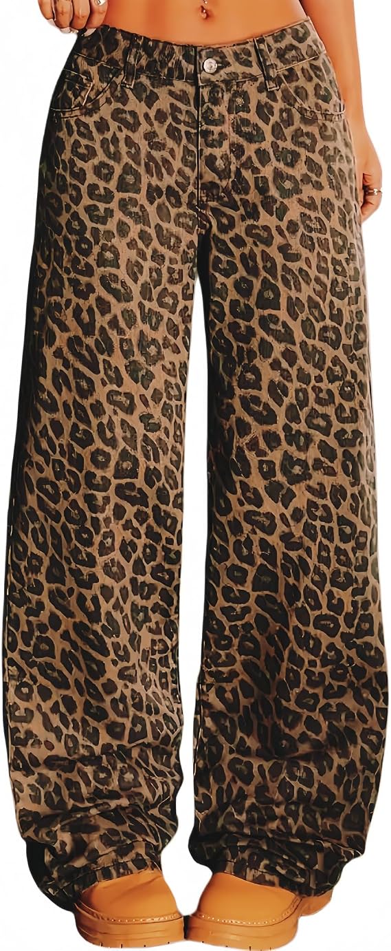 Y2k Leopard Pants Wide Leg Jeans Woman Loose Fit Jeans Hip Hop Pants Vintage Baggy Trousers