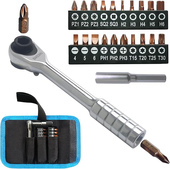 Mini Ratchet Screwdriver Set, Right Angle Screwdriver,Short Offset Screwdrivers with Phillips, Flat, Torx, Hex, Square,Pozidriv S2-Alloy Steel Bits (72-Teeth)