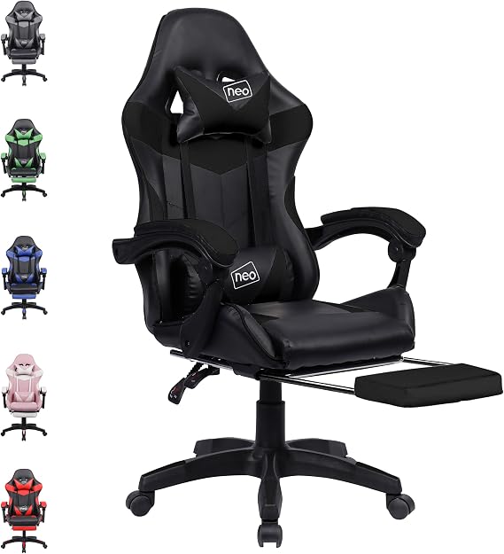 Neo Executive PU Leather Massage Sport Racing Gaming Home Office Computer Chair Lumbar Back Support Footrest (Black)