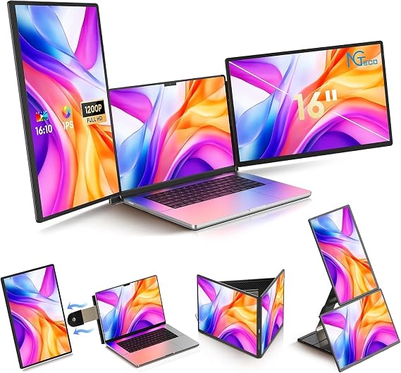 NGTeco Laptop Screen Extender, 16" FHD 1200P IPS Laptop Monitor Extender Triple Screen, Portable Monitor for Laptops 13-17" with Type-C/HDMI/USB-A Port Plug & Play for Wins/Mac