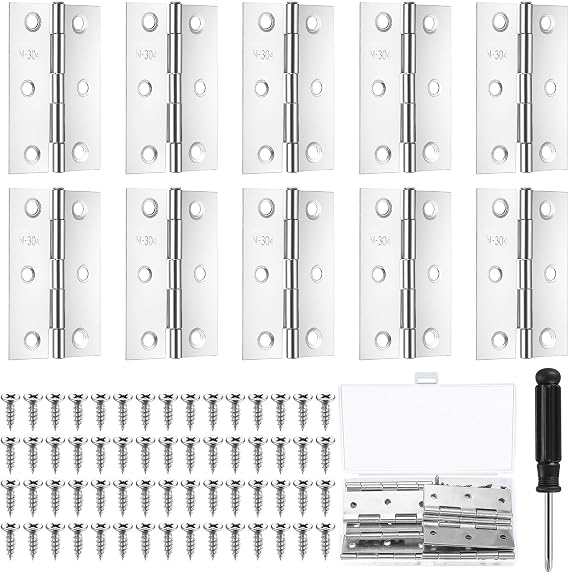 10 Pcs 75mm Stainless Steel Door Hinges for Wood, with 60 Screws
