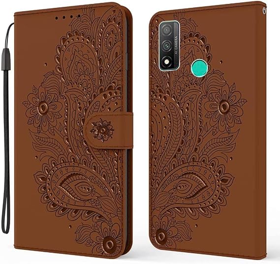 ケース Compatible with Huawei P Smart 2020 Flower Embossed リストストラップフリップフォリオキックスタンドPUレザーウォレットケース、カードスロット付き for Huawei P Smart 2020 Brown