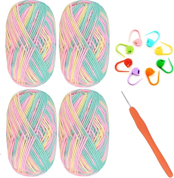 4 PCS Ombre Crochet Yarn - 50g Milk Cotton and Acrylic Set for Beginners Amigurumi with 2.5mm Hook (5-Ply)