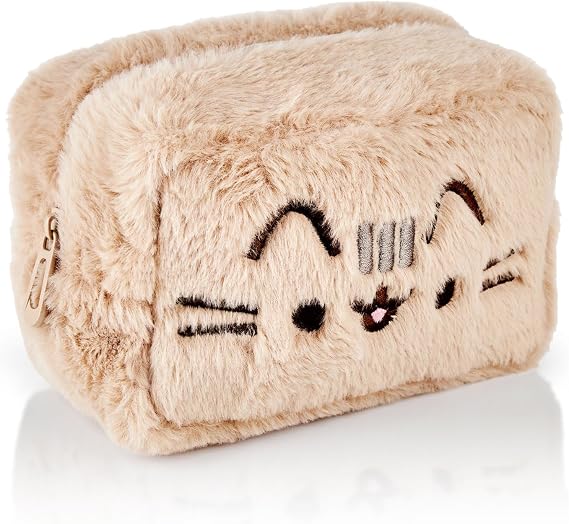Pusheen レディース ふわふわメイクバッグ | レディース 全面ファー タンのロゴ刺繍入り | クラシック ロゴ ジップ コスメティック収納バッグ, ベージュ, One Size