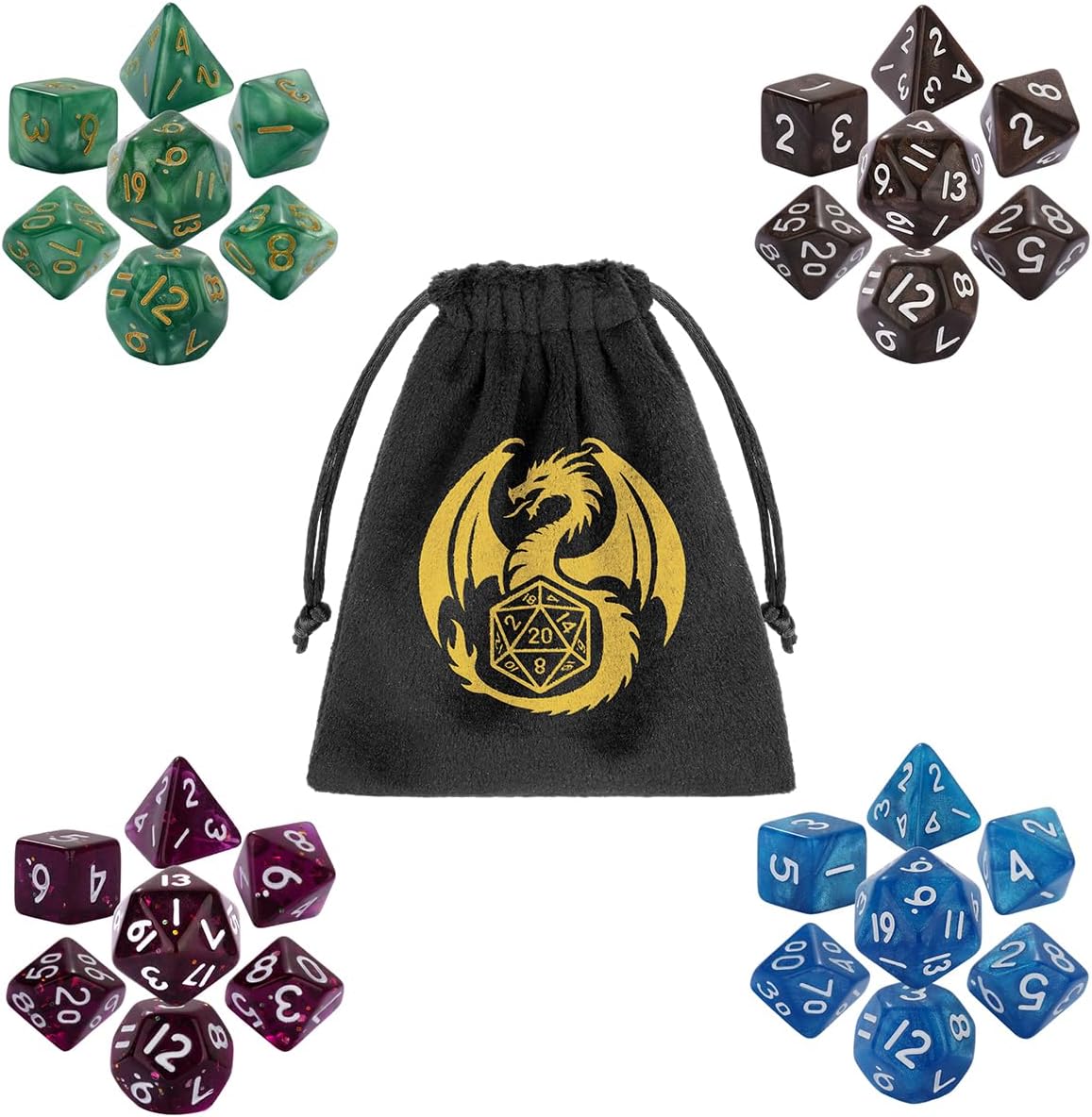 Mini Polyhedral Dice Set, Four-Colors Dice Sets with D4 D6 D8 D10 D% D12 D20, Acrylic Material, DND Starter Set, Dice Set with Dice Bag, Role Playing Board Games Accessories, Coffee+Blue+Green+Purple