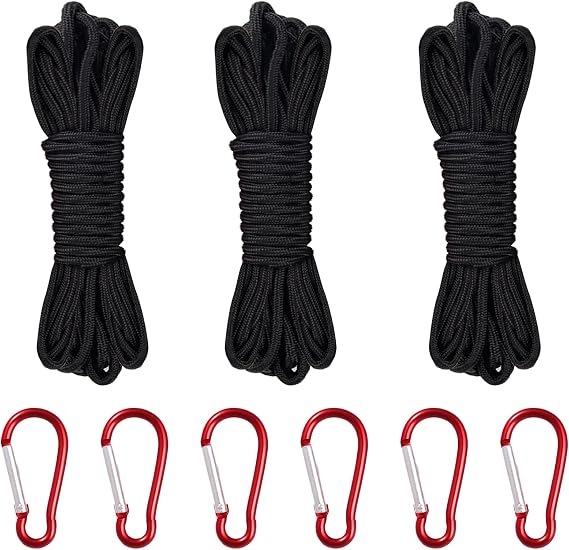 3 Pack Braided Nylon Rope 4mm Thick Heavy Duty with 6 Buckles Black