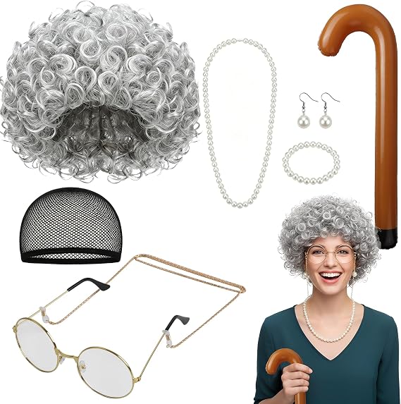 8 Pcs Old Lady Fancy Dress Set Grandma Wig Glasses Accessories