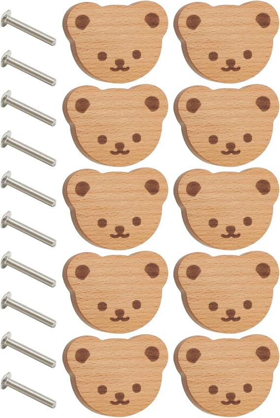 Wooden Drawer Knobs - 10 Pieces Cartoon Bear Door Handle -  with Screws for Easy Installation,Suitable for Children's Room, Kitchen, Bedroom Furniture, Wardrobe, Cabinet, Dressing Table